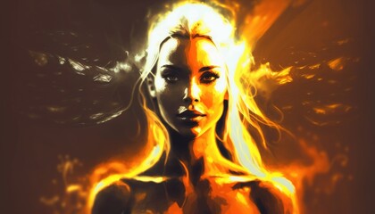Portrait of a beautiful face burning in fire A powerful yogi woman who is a mistress of the elements with the calm and peaceful expression