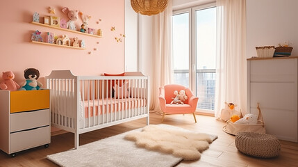 Cozy Interior of light modern children's room with crib. Generative AI
