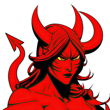 Red she demon devil with horns, satanic halloween character isolated png file
