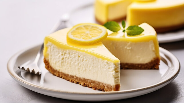 A slices of lemon cheesecake on a plate. Generative AI