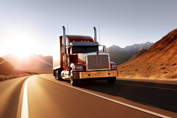a big rig truck driving down the road with mountains in the background and sun shining on the horizon behind it