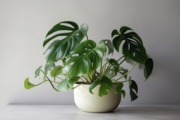 Rhaphidophora Tetrasperma or Mini Monstera, contemporary houseplants in a ceramic container, white wall for copy space, minimally innovative home design concept. Generative AI