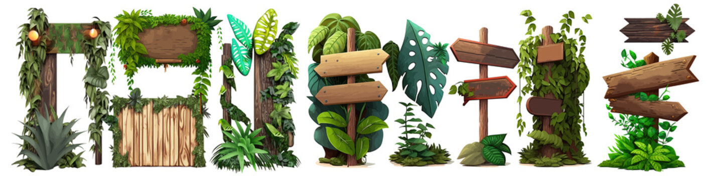 Wooden signboards in jungle. Wood board with tropic leaves, moss and liana plants for game ui. Jungle wood banner