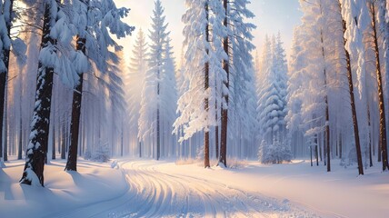 Snowy winter forest in the rays of the rising sun. Winter landscape