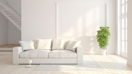 Scandinavian interior design. Idea of white minimalist room with sofa. Generative AI