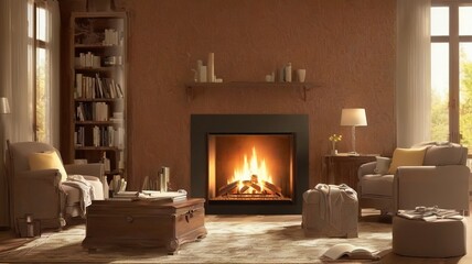 Interior of a living room with a fireplace. 3D rendering