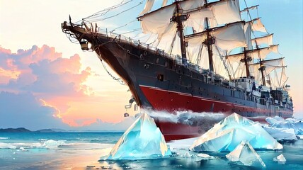 Sailing ship in the ocean with icebergs and sunset. 3d render