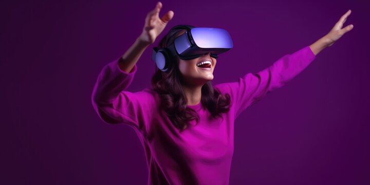 Cheerful stylish female in vr headset stretching out arms and smiling while dancing in cyberspace against purple background, generative ai