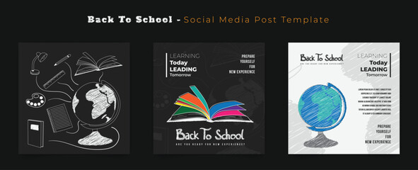 Set of social media post with black white background and school stationary in chalk effect design