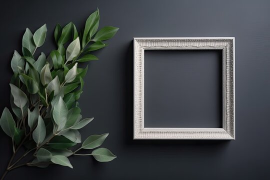 On a gray background, a white wooden picture frame with green plant twigs in the springtime. top view flat lay copy space Elegant simple composition, imitation of an artwork, picture frame, and interi
