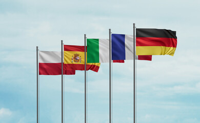Group of Five or Euro Five formerly Group of Six after Brexit, european political forum illustration, G5 Country members flags illustration