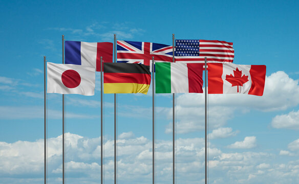 Group of Seven or Big Seven, intergovernmental political forum illustration, G7 Country members flags illustration