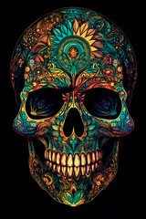 Illustration, a skull with a colorful pattern. AI generated.