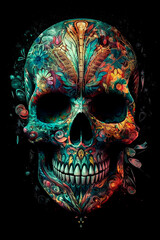 Illustration, a skull with a colorful pattern. AI generated.	