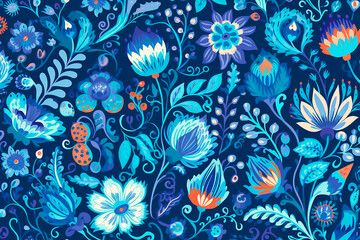 Fototapeta na wymiar Decorative floral blue pattern: illustration of large flowers on a blue background. AI generated.