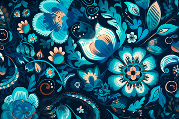 Naklejka premium Decorative floral blue pattern: illustration of large flowers on a blue background. AI generated.