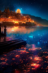 A fantastic night landscape, a huge Chinese castle and luminous lanterns reflected in the water. Generative AI