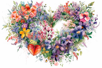 Watercolor illustration, wreath of beautiful wild flowers in the shape of a heart. Greeting card layout. Valentine's day concept. Generative AI.