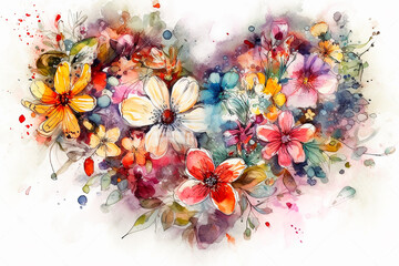 Watercolor illustration, wreath of beautiful wild flowers in the shape of a heart. Greeting card layout. Valentine's day concept. Generative AI.