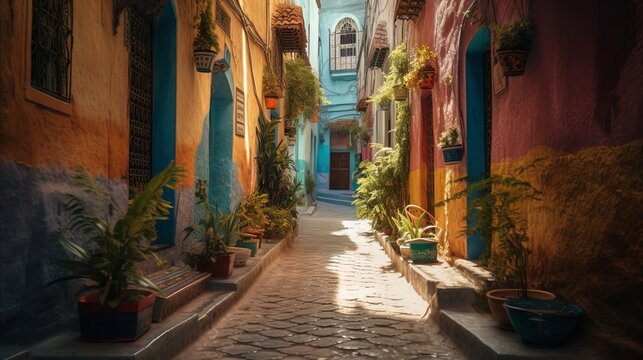 Street view of a Moroccan alley with colorful houses. Generative AI