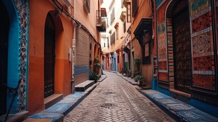 Street view of a Moroccan alley with colorful houses. Generative AI - obrazy, fototapety, plakaty