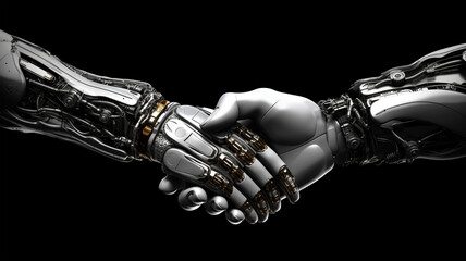 Handshake of two robots, cybersecurity concept, meeting in the future, fantasy world, generative AI