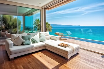 Fototapeta na wymiar Luxury apartment with view sea view, generative ai