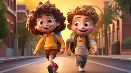 3d render happy kids for back to school, cartoon illustrations generative ai