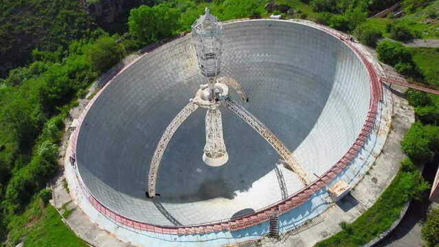 Drone view of the radio telescope at the Radio Optical Observatory (ROT-54) on a sunny summer day. Aragatsotn province, Armenia.