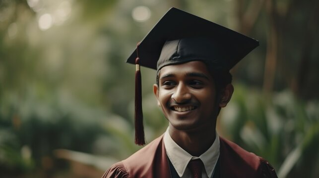 young  handsome indian student smiling and wearing academic dress and hat on the prom at the sunny university garden 
