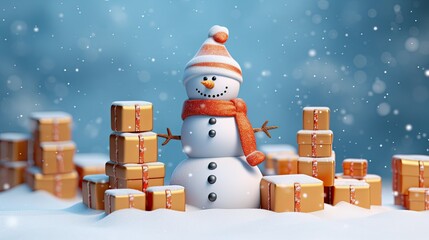 Christmas - cute happy smile snowman with gifts for happy christmas and new year festival wallpaper, X mas greeting and wishes banner