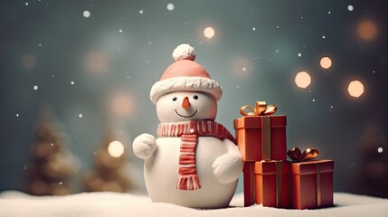 Christmas - cute happy smile snowman with gifts for happy christmas and new year festival wallpaper, X mas greeting and wishes banner