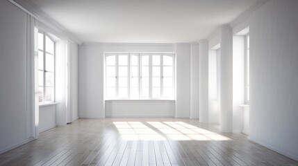 Obraz premium White minimalist room with blank walls and sunlight coming through the windows