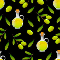 Seamless pattern of olives and olive oil on black a background, vector