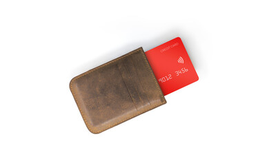  red credit card in compact leather wallet isolated on white background