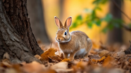 Fototapeta premium A small rabbit is standing in the leaves near a tree. Generative AI