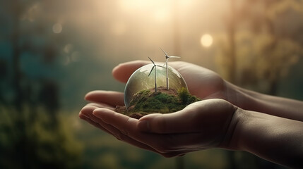 Hands protecting globe of green tree on tropical nature summer background. Generative Ai