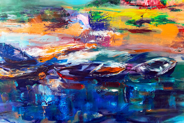 Fragment of bright multicolored oil painting on sea theme. Conceptual picturesque background. Close-up paint strokes on canvas. Artistic mixed background.