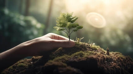 ecological nuture ecosystems and go green with csr concept with tree planting on volunteers' hand. Generative Ai