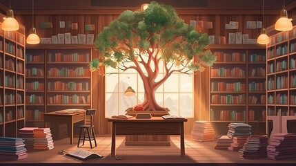 stack piles of text archive and blur aisle of bookshelves in school study class room. Generative Ai