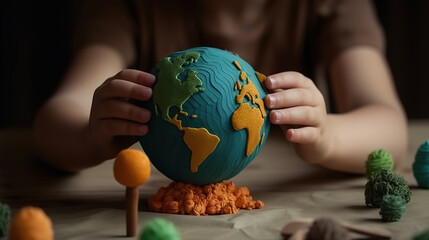 Layout of the planet made of plasticine in children's palms. Generative Ai