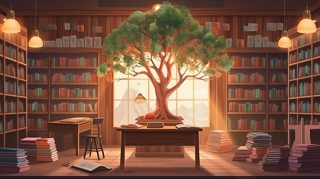 stack piles of text archive and blur aisle of bookshelves in school study class room. Generative Ai