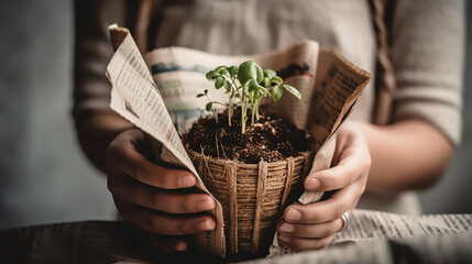hands holding seedling plants in newspaper pot, montessori education. Generative Ai