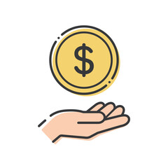 Simple coin and human hand icon with the letter $ - image of money and dollars in the U.S., Canada, etc.