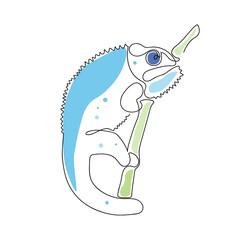 Vector illustration of a blue chameleon sitting on a green branch. One line art