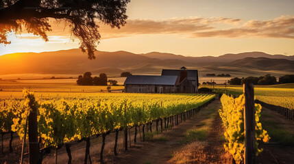 Obraz premium A Majestic Sunset Graces the Vineyard, Mountains, and Barn in the distance. Generative AI