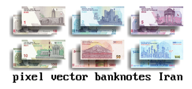 Vector pixelated mosaic set of new Iranian banknotes. Bills in denominations of 1, 2, 5, 10, 50 and 100 Iranian tomans. Millions of rials.