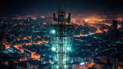 Fototapeta na wymiar Communications tower, Antenna for the 5G cellular network atop a in a nighttime metropolis. Generative AI