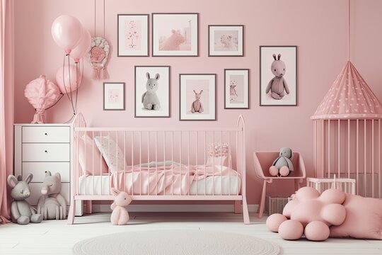 Pink nursery room interior background with mock up poster frames, soft toys, and baby bedding. Generative AI