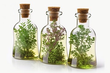Bottles of thyme essential oil and fresh plants on a white background. AI generated